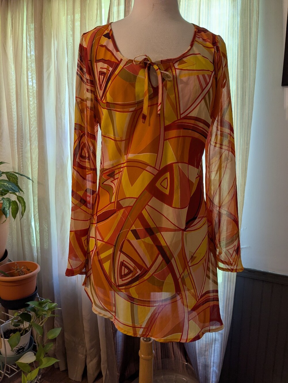 Y2K Long-Sleeve Tie-Neck Tunic Top - Orange Multi